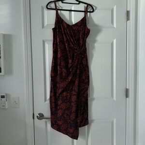 nine britton Black Asymmetrical Slip Dress with Rust Floral Print